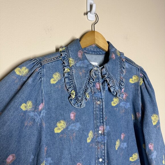 Ganni Printed Indigo Frill Collar Shirt Womens Size 44 US 14 Cottagecore Femme - Picture 6 of 13